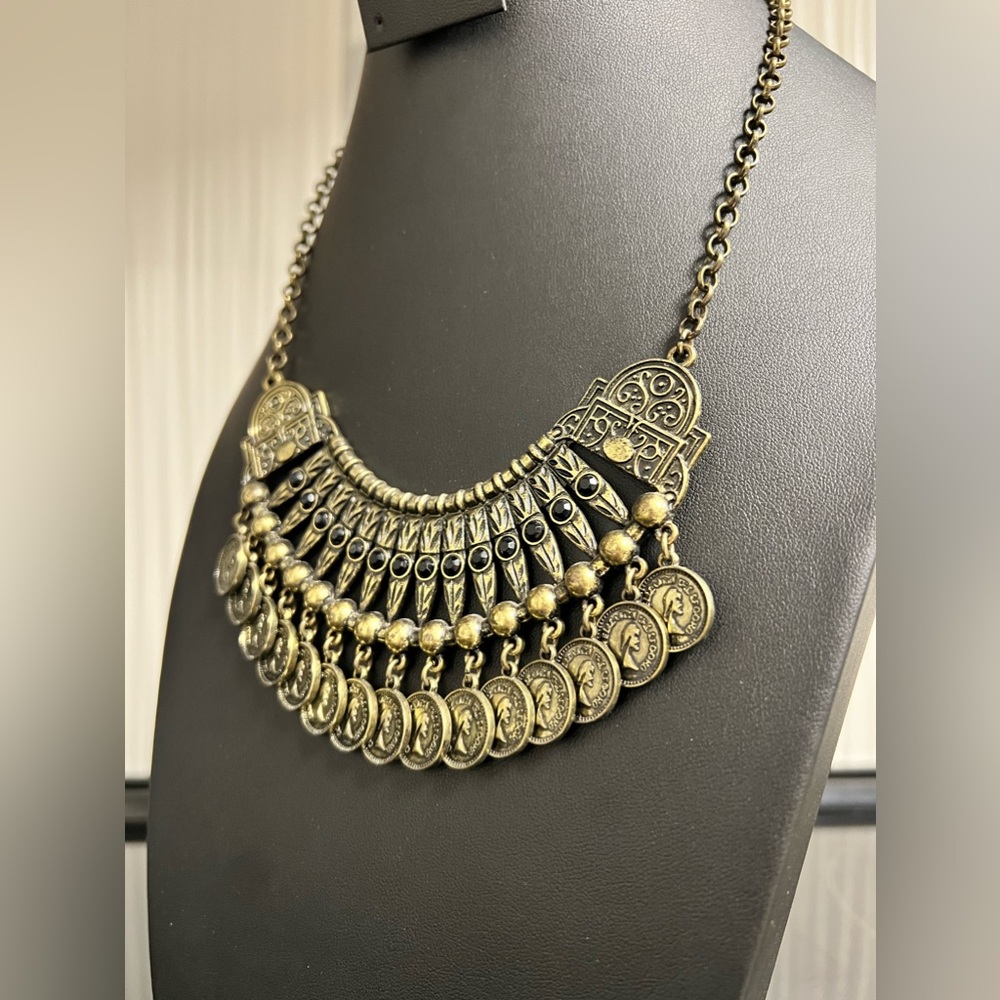 Bib Tribal Gypsy Statement Coin Aged bronze color necklace metal BaubleBar - Picture 7 of 10